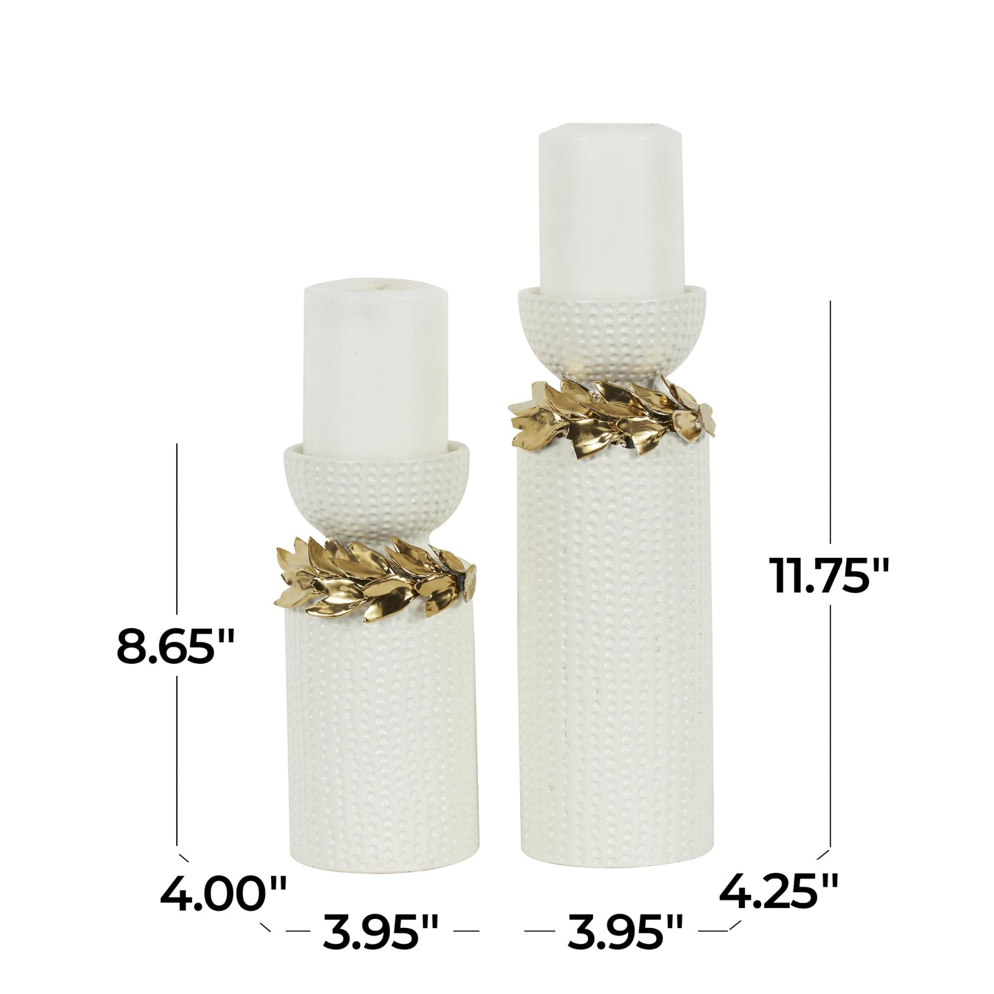 Deco 79 Ceramic Decorative Candle Holder Candle Stand with Abstract Spotted Pattern and Gold Leaf Accents, Set of 2 Candlestick Holder 12", 9" H, White