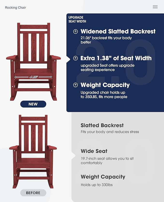 KINGYES Oversized Outdoor Rocking Chair Set of 4, All-Weather Patio Rocking Chairs for Porch, HDPE Outdoor Patio Rockers with High Back & Wide Seat for Garden, Lawn, Red