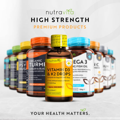 High Strength Vitamin D3 K2 MK7 Drops - Vitamin D 1000IU & K2 20ug per 2 Drops - 60ml Liquid Vitamin D3 and K2-1+ Year Supply Supports Immune System, Normal Bones, Muscles & Teeth