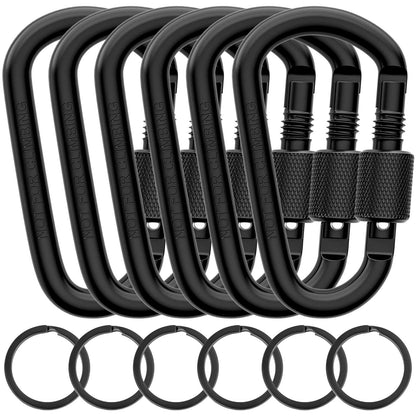Cridoz Carabiner and Keyring Set, 6 PCS Metal D Ring Carabiner Clips with 6PCS Heavy Duty Key Rings for Keys, Bottles, Backpacks (Black)