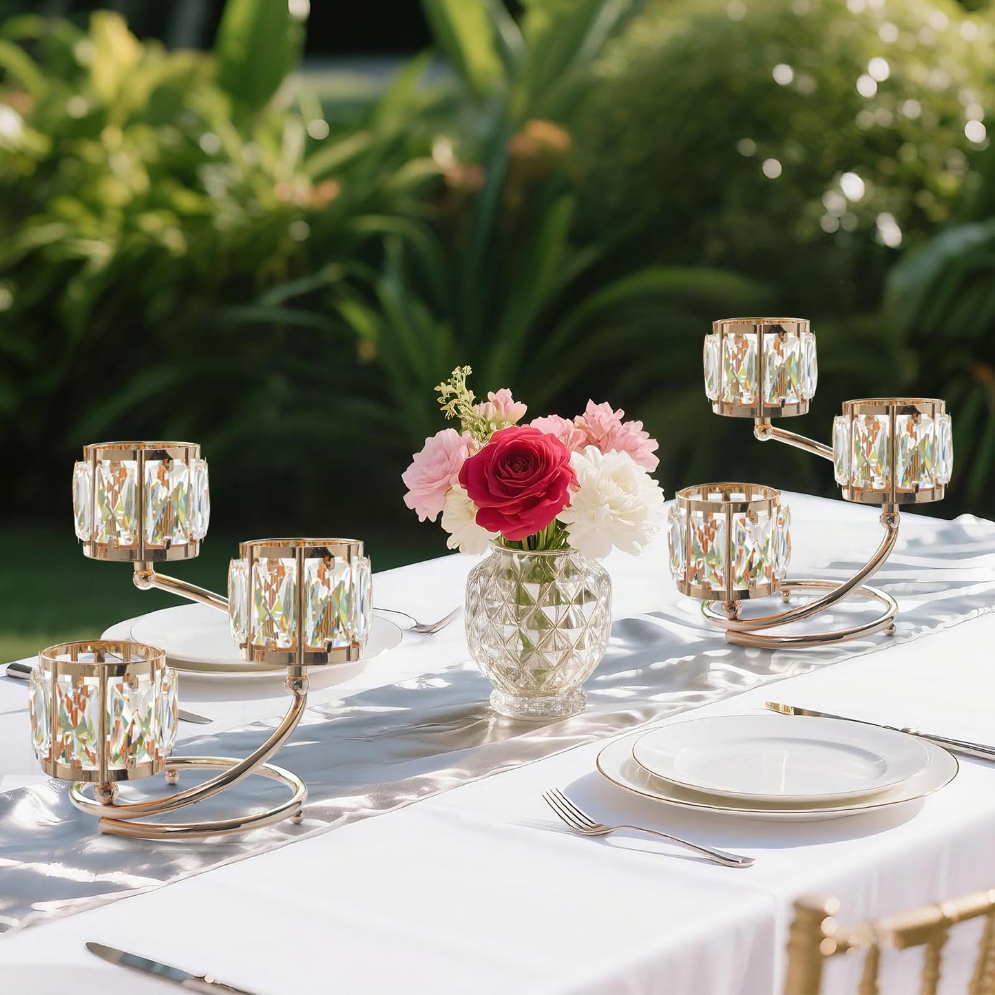 Metal 3 Arm Crystal Candle Holder - Tea Light Centerpiece Candle Holder, Votive Holder with Sparkling Crystal Bowl, Suitable for Wedding, Table Centerpiece, Home Decor (1, 3 arm-Gold)