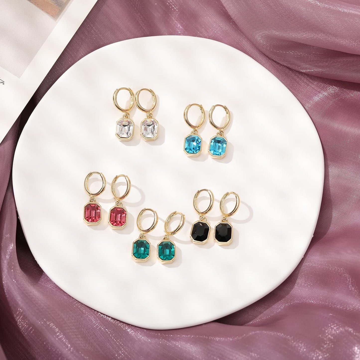 Birthstone Crystal Dangle Drop Earrings, 18K Gold Plated Huggie Hoop Hypoallergenic Earring Jewelry Gifts for Women (Red)