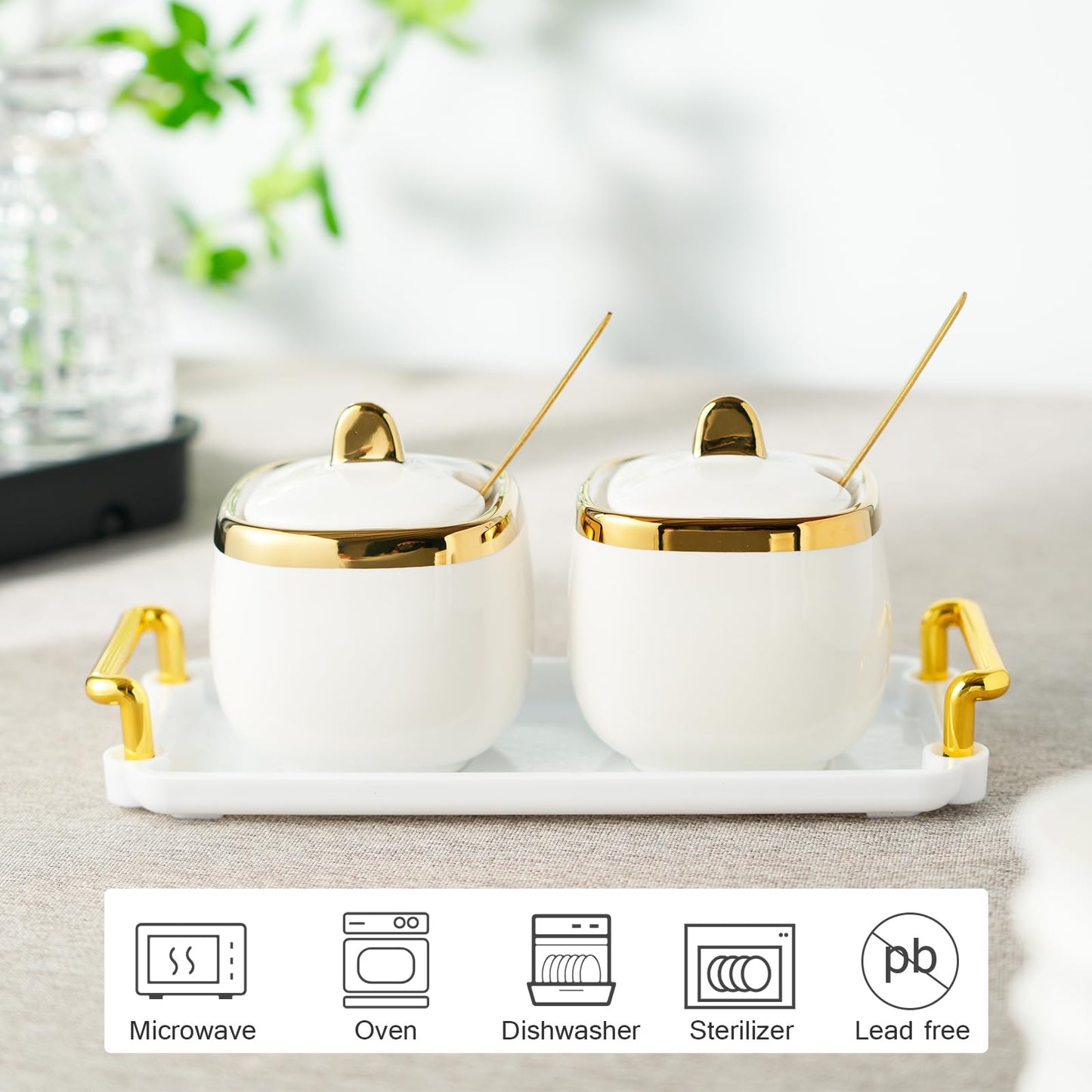 EABOSON Ceramic Sugar Bowl 2 Pack, Porcelain Seasoning Jar with Tray, Spoon and Lid for Sugar, Pepper, Coffee, Spice, Salt (Gold)