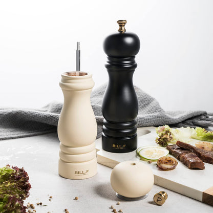 Bill.F Salt and Pepper Grinder Set, Wood Pepper Mill Set of 2 Manual Salt Pepper Shakers Grinder Refillable 7 Inch with Adjustable Ceramic Grinding Rotor（Black and Beige）
