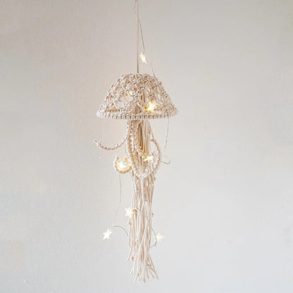 Macrame Wall Hanging,Jellyfish Dream Catcher with Star Lights,Bohemian Woven Wall Art Decor Beautiful Apartment Dorm Room Door Decoration (White)
