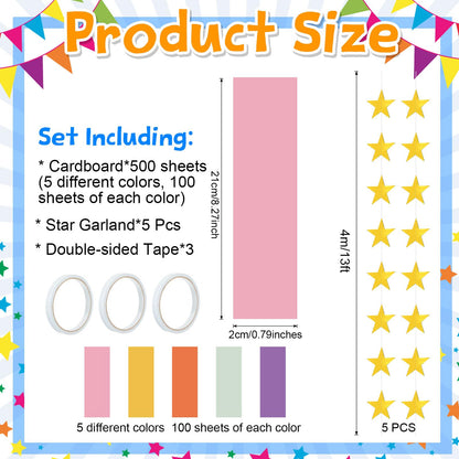 Maitys 500 Sheets Paper Chain Strips and Mirror Star Garland 13 Feet Paper Crafts Banner with Double Sided Tape for Crafting Birthday Wedding Festival Theme Party Decor (Groovy,0.79 x 8.27 Inches)