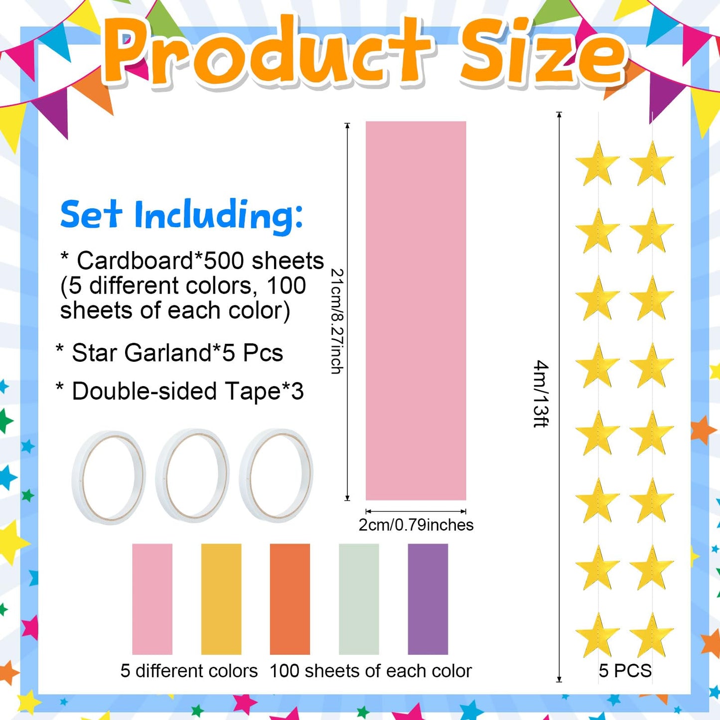 Maitys 500 Sheets Paper Chain Strips and Mirror Star Garland 13 Feet Paper Crafts Banner with Double Sided Tape for Crafting Birthday Wedding Festival Theme Party Decor (Groovy,0.79 x 8.27 Inches)