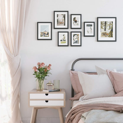 SONGMICS Picture Frames with 7 Mats, Set of 7 Collage Photo Frames, One 11x14, Two 8x10, Four 6x8 Frames, Hanging or Table Display, Glass, Black URPF37BK