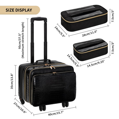OCHEAL 18 Inch Rolling Makeup Train Case, Extra Large Travel Cosmetic Organizer Storage Trolley with Wheels, 3 Layers & 3 Travel Makeup Bags Carry On for Hairstylist Cosmetology Artist