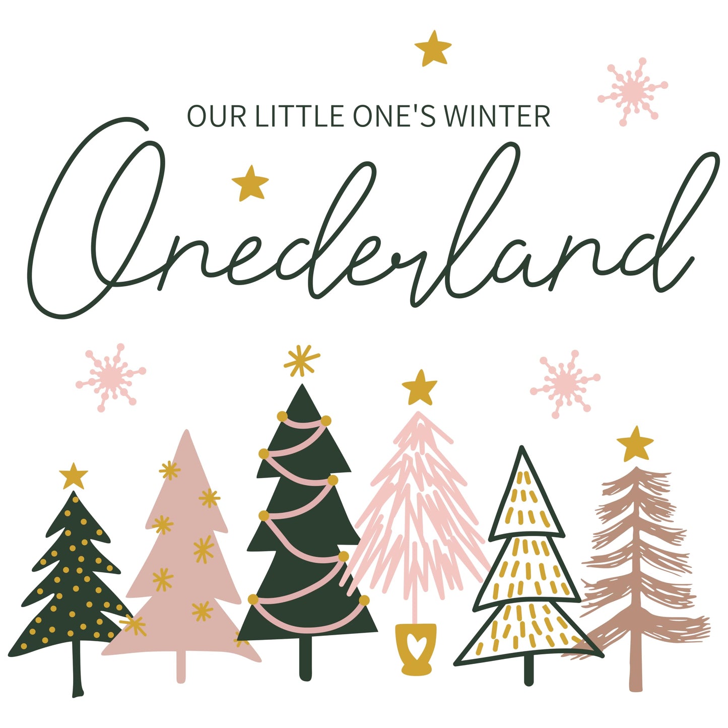 Our Little One's Winter ONEderland Decal - Winter 1st Birthday Party Decorations,Pink Green Christmas Trees Sign Stickers,Frozen Wonderland Party Wall Decals,First Snowflake Holiday Decoration