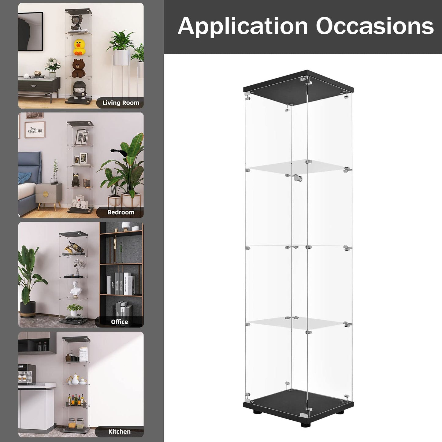 LFT HUIMEI2Y Glass Display Cabinet with Door & Lock, 4-Tier Curio Cabinet for Collectibles, Figures, Wine, Tempered Glass Display Case for Living Room Bedroom Office, 65”x 17”x 14” Black