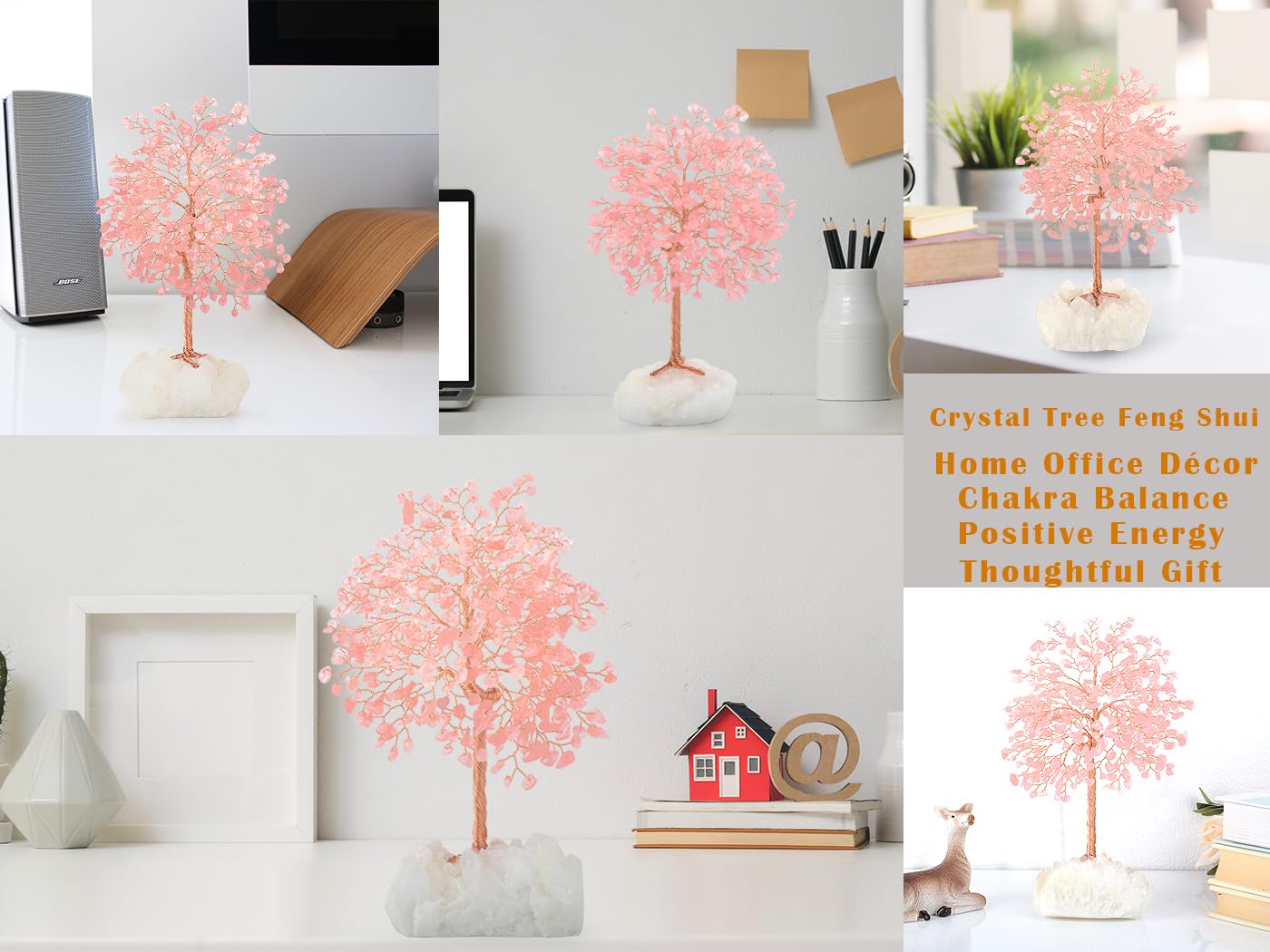 MASGEMES Gemstone Crystal Tree of Life,Natural Rose Quartz (406 Stones) with Clear Quartz Base,Chakra Balancing Positive Energy Feng Shui Home Decor Bonsai Money Tree,Birthday Gift 8.5"-9"