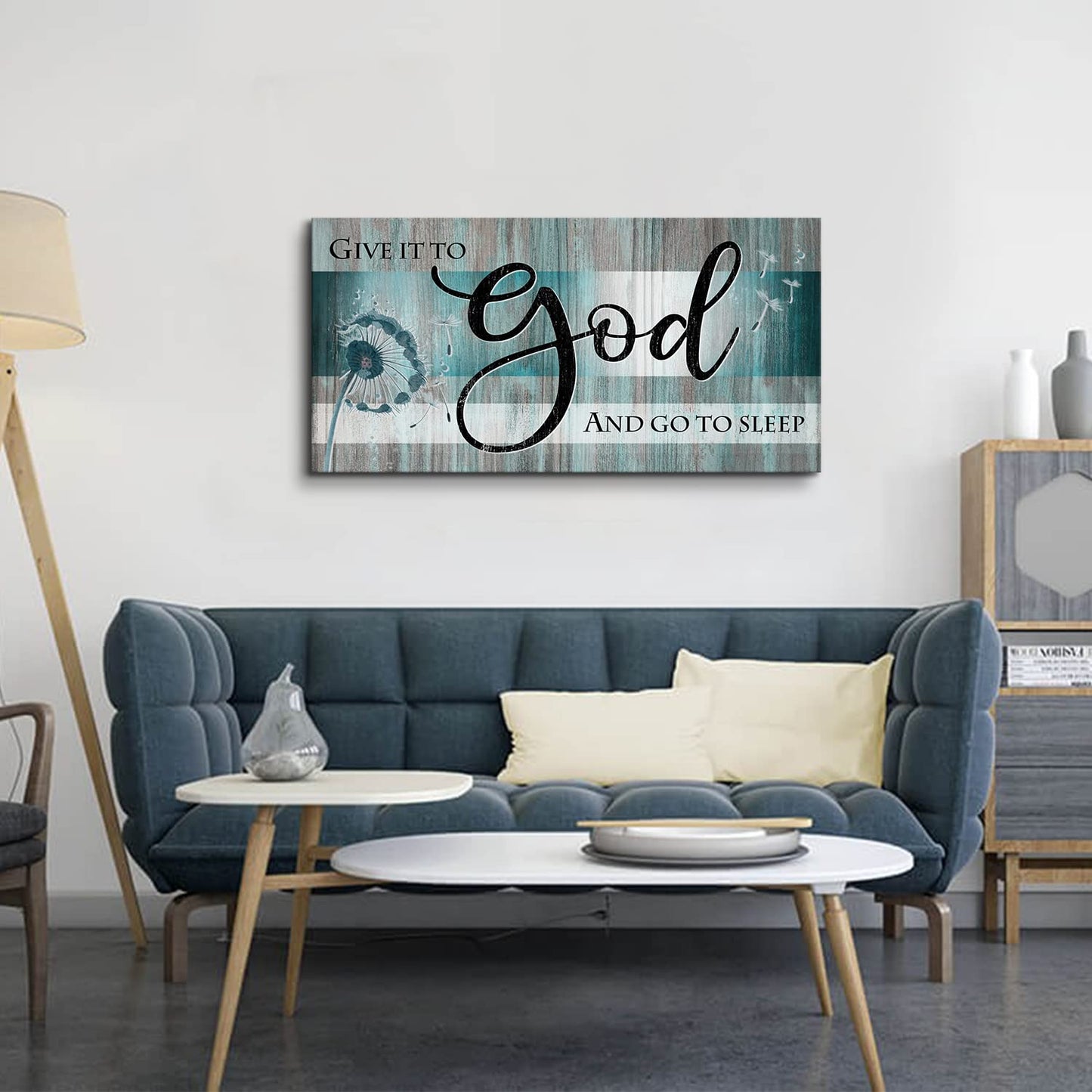 Christian Wall Art Bible Verse Wall Decor Give It to God and Go to Sleep Bedroom Pictures Teal Faith Quote Canvas Painting Religious Scripture Poster Dandelion Artwork Living Room Decorations 20x40"