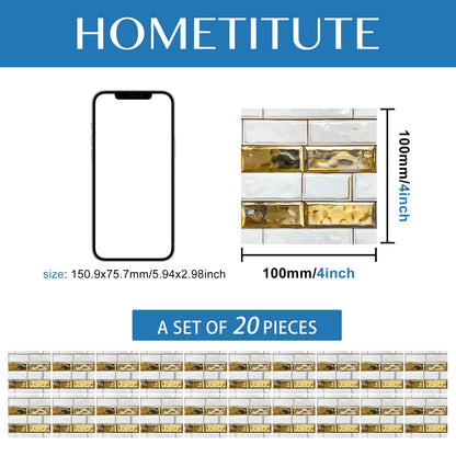 HOMETITUTE 20Pcs White Gold Brick Tile Stickers Peel and Stick Decorative Tiles Waterproof Removable Sticker Tiles Backsplash Decals for Kitchen Bathroom Fireplace Stair Riser Wall 4x4 Inch(not 3D)