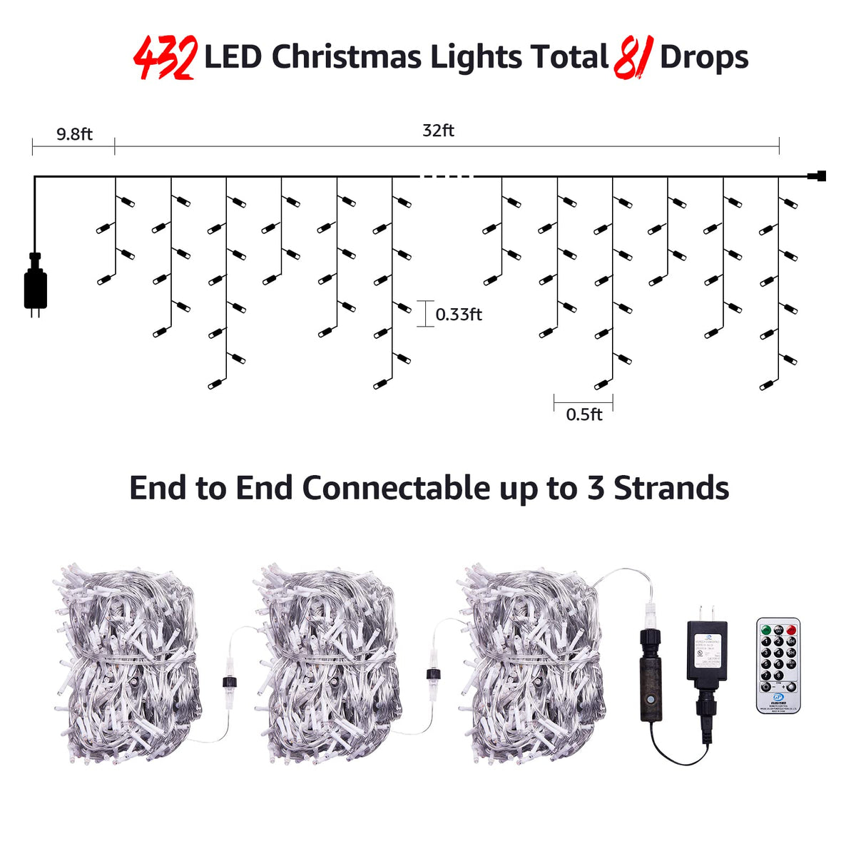WBao Christmas Lights Outdoor, 432 LED 33FT Icicle Lights with 81 Drops, Remote Control, 3 Timer Settings, 8 Modes, Waterproof, Connectable Fairy Lights for Wedding, Holiday Eaves Decor, Cool White