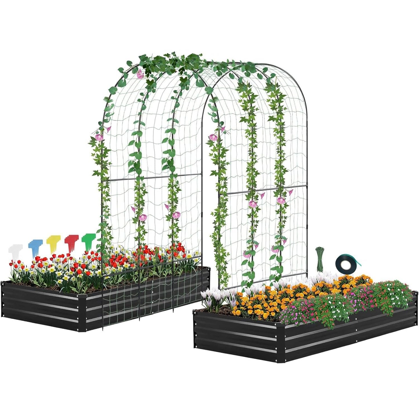 DTIG Galvanized Raised Garden Bed with Trellis, 6×3×1 FT 2 Pack Outdoor Garden Bed, Upgraded 4×3 Support, Black