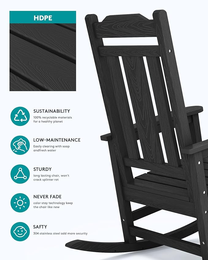 SERWALL Outdoor Rocking Chair Set of 6, Patio Rocking Chair Sets, HDPE Rocking Chair for Adults, Black