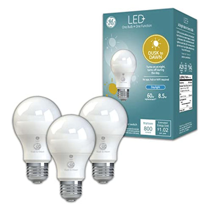 GE LED+ A19 Dusk to Dawn LED Light Bulbs, Automatic On/Off Outdoor Security Light, Soft White (2 Pack)