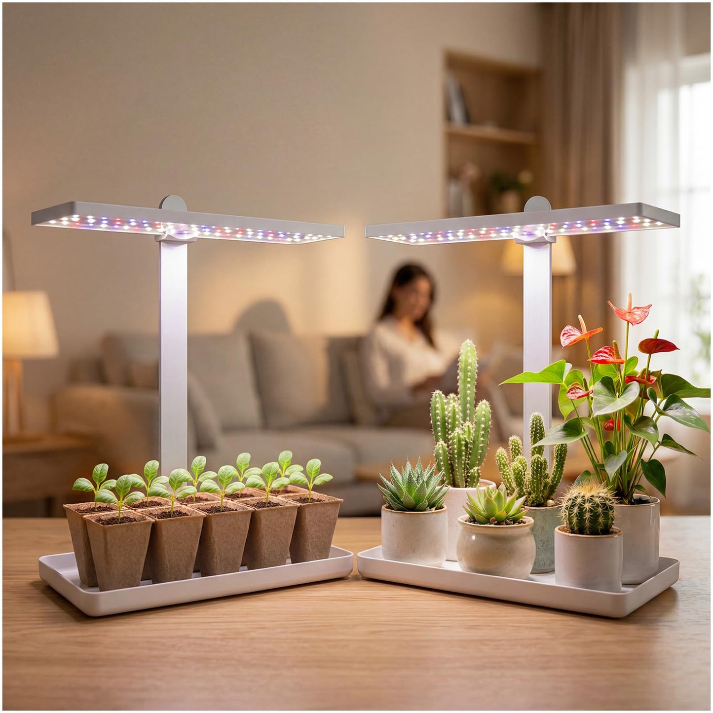 Desk Grow Light with Tray, Small Full Spectrum Plant Light for Indoor Plants, Adjustable Height Tabletop Grow Lamp for Succulents, Bonsai, Seedlings & Herbs, Auto 3/9/12H Timer, 4 Dimmable Levels