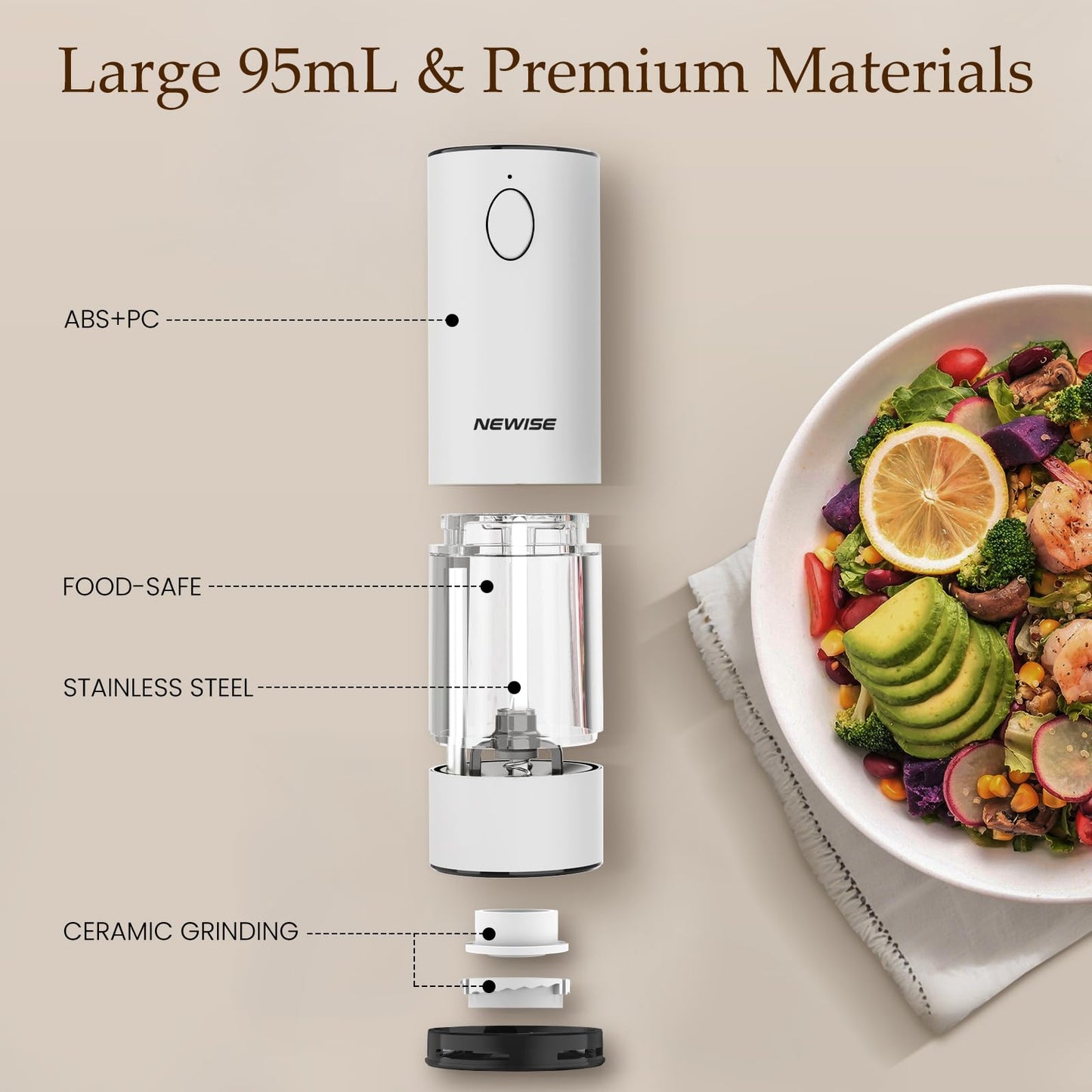 Electric Salt and Pepper Grinder Set, Adjustable Coarseness & LED Light, Rechargeable Large Capacity Stainless Steel Mill, Kitchen Appliances for Women Mom- Black/White