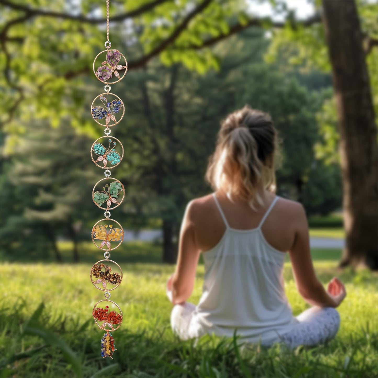 7 Chakra Healing Crystals Hanging Ornament，Handmade Butterfly Natrual Chakra Stones Gemstones Wall Hanging Ornaments for Home Decor Yoga Meditation(7 Chakra Butterfly)