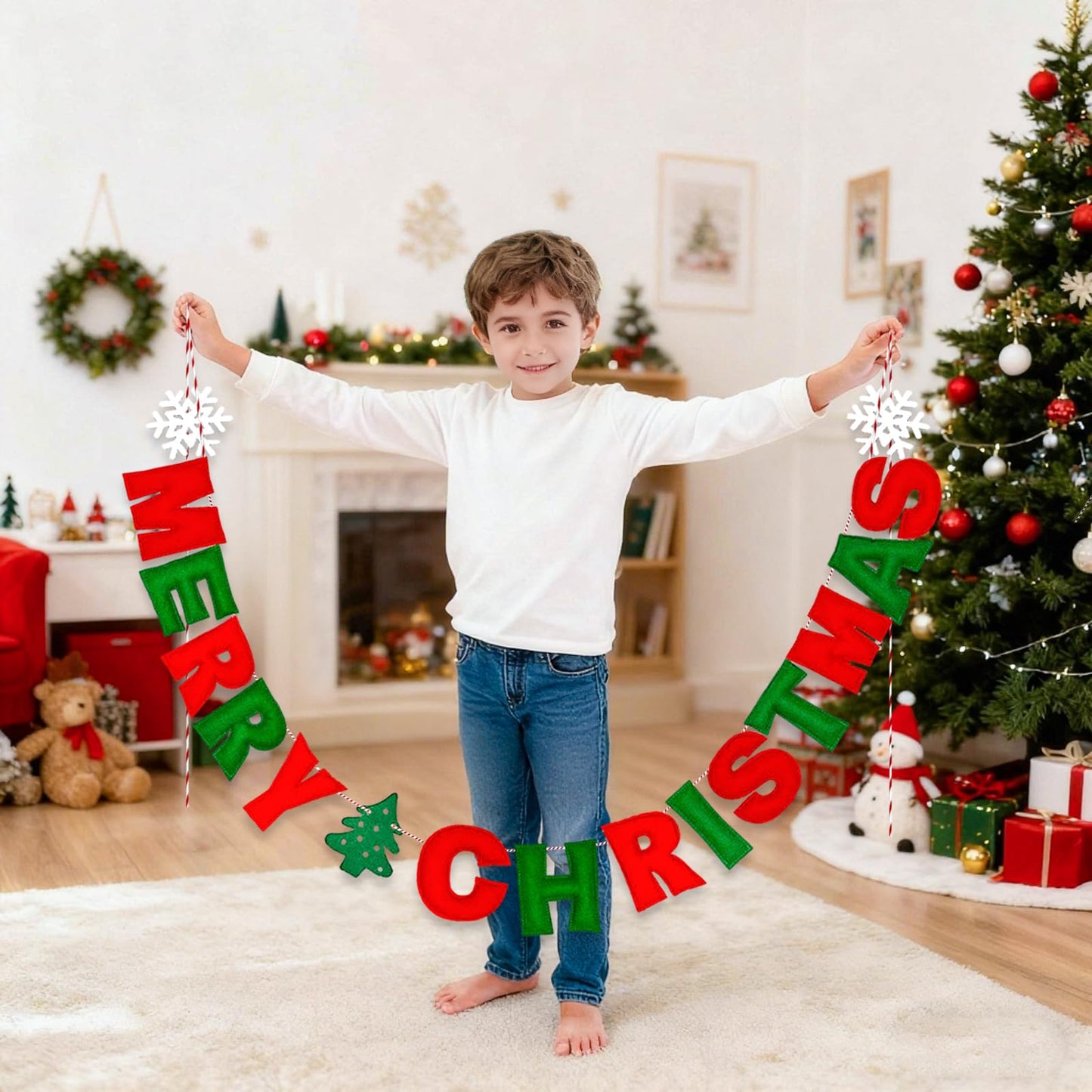 Unique Merry Christmas Felt Banner with Peppermints Candy Cane, Handmade Felt Ball Christmas Garland,Holiday Party Supplies for Xmas Tree Wreath Mantel Fireplace Wall Home Modern Christmas Decorations