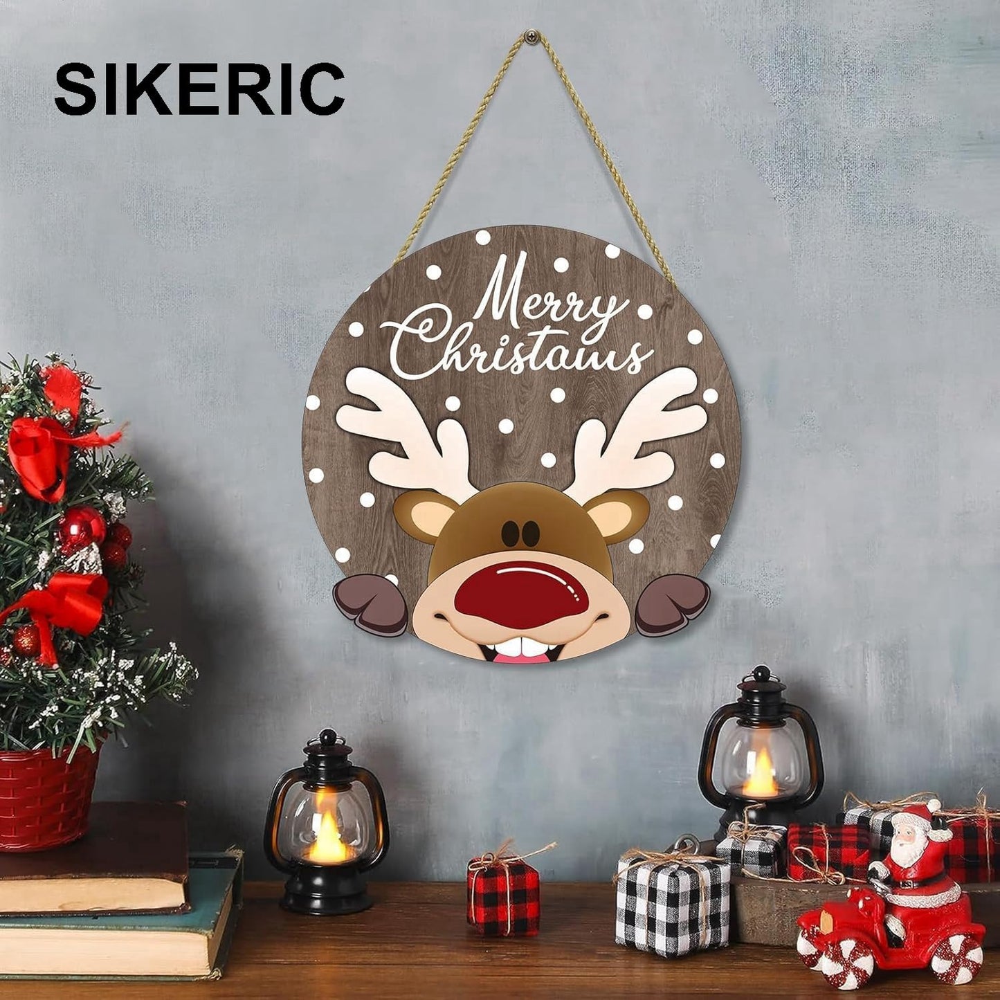 SIKERIC Merry Christmas Reindeer Door Hanger, 11.4''x11.4'' Wooden Christmas Wall Decor Plaque for Home Party Porch Entryway