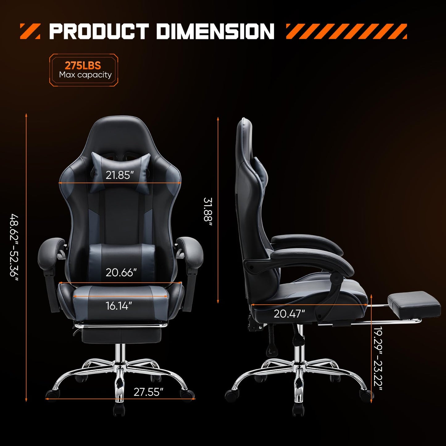 Elevon Ergonomic Video Game Computer Chairs with Footrest & Comfortable Lumbar Support,Height Adjustable Reclining Chair in PU Leather with Headrest and Fixed Armrests, 360° Swivel, Black&Grey