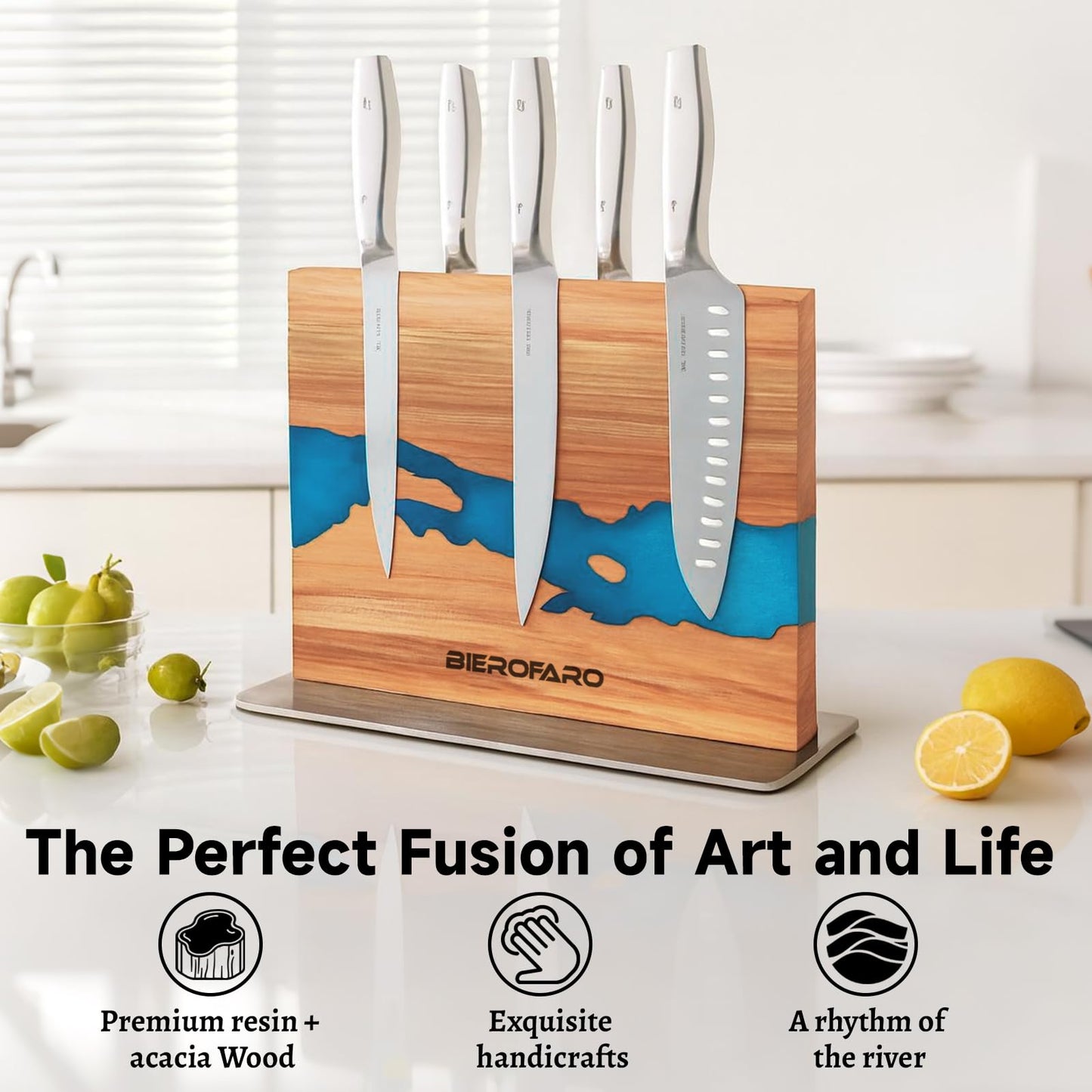 Magnetic Knife Block with Steel Base, Double‑Sided Knife Holder Made of Acacia Wood for Chef Knives, Modern Kitchen Countertop Organizer, Blue Resin River Design