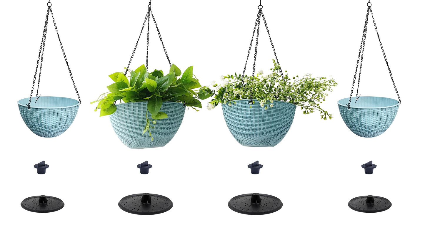 RooTrimmer Hanging Planters for Outdoor Plants 8/10 Inch, 4 Packs Hanging Flower Pot Indoor with Drainage Holes, Self-Watering Hanging Basket Perfect for Home, Office and Garden (Sky Blue)