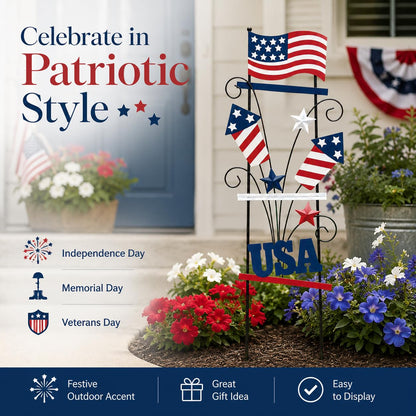 WKHOMEDECO 4th of July Decorations Outdoor, 30 Inch Metal Patriotic Garden Stakes, USA Yard Sign with American Flag, Red White and Blue Yard Decorations for Memorial Day Lawn Porch