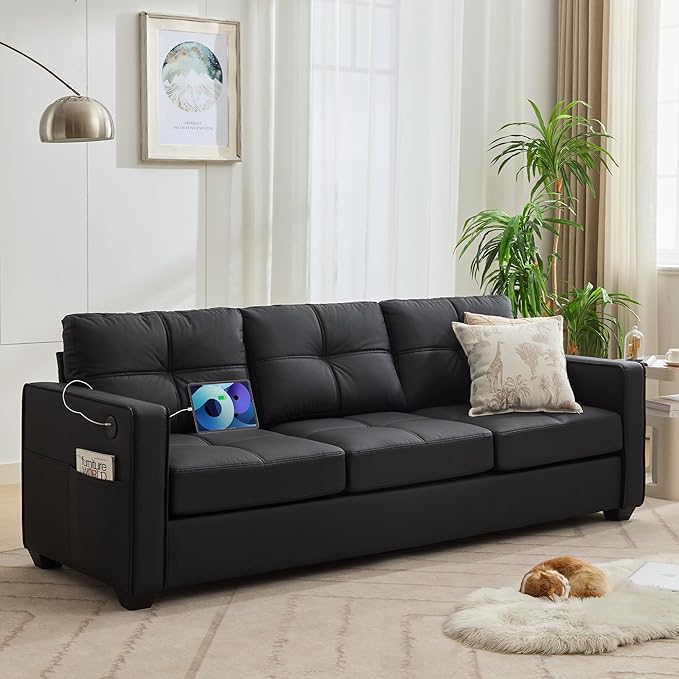 TYBOATLE 88" W Faux Leather Couches w/USB, Tufted Mid-Century Modern Comfy