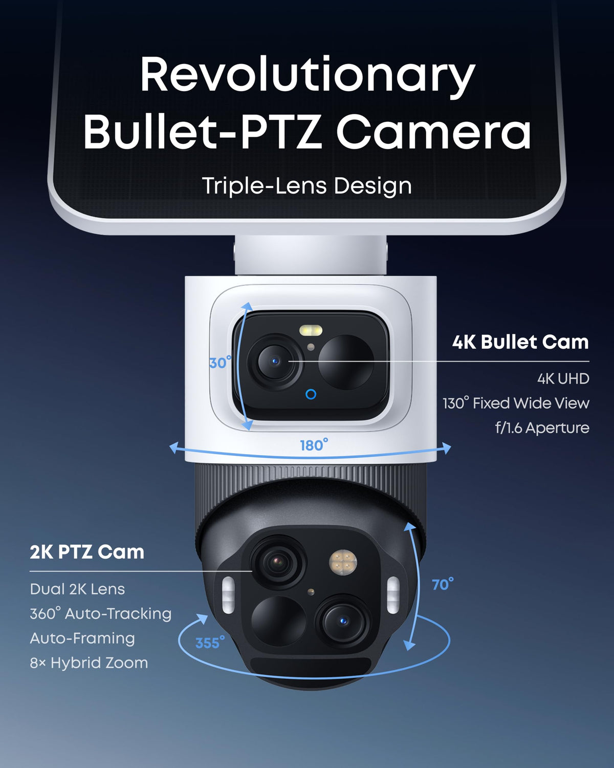 eufy Security eufyCam S4,4K Solar Camera Wireless Outdoor, 3-Lens Bullet-PTZ Cam, 360° Coverage, 8X Auto Zoom, AI Recognition,AI Track, Color Night Vision, 0 Monthly Fee, Built in 32 GB Storage