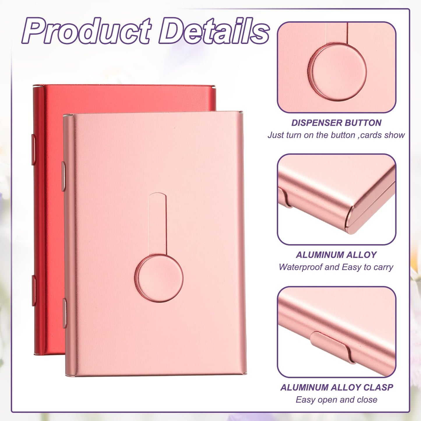 PATIKIL 2Pcs Thumb Drive Business Card Holder, Aluminum Alloy Slide Out Name Card Case Portable Business Holder Wallet for Credit ID Men Women (Red/Rose Gold)