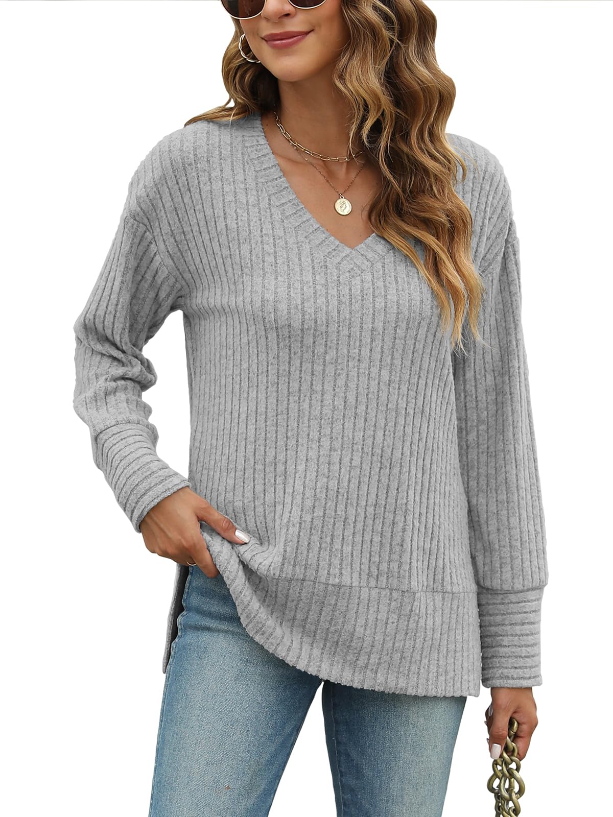 JomeDesign Womens Sweaters Long Sleeve V Neck Shirts Loose Casual Fashion Tops