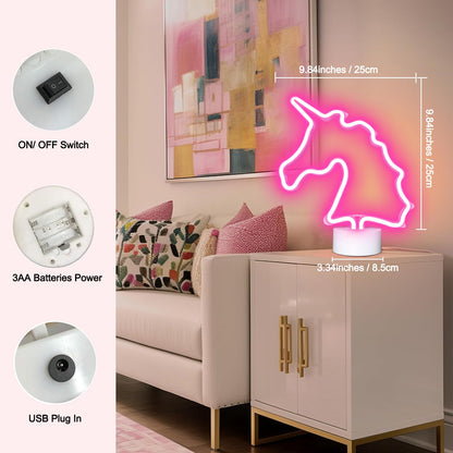 Unicorn Neon Sign with Holder Base, USB & Battery Powered, Pink Unicorn Neon Lights for Girs Room, Table Lamp Decor for Home, Bedroom, Living room, Bar, Office, Party, Christmas, Birthday Gifts