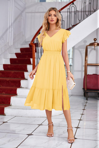 2025 Christmas Cocktail Dresses for Women, Midi Ruffle Tiered Sleeve V-Neck A-Line Split Party Dress, Light Yellow-Plain S
