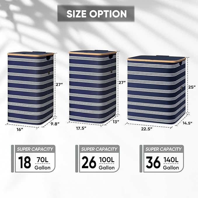 BALEINE Laundry Hamper with Lid, Tall Laundry Baskets with Bamboo Pull Handles