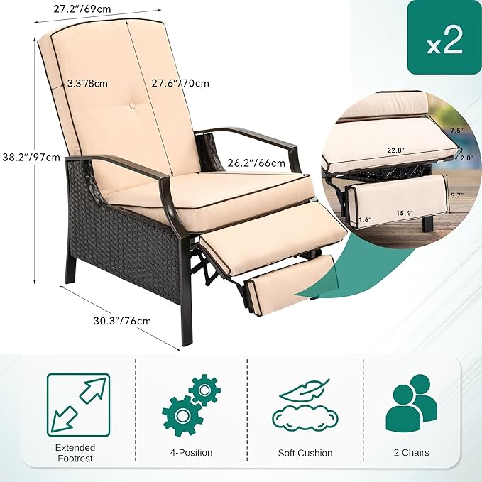 YITAHOME Outdoor Recliner Chair, 2-Piece Patio Adjustable Wicker Reclining Lounge Chairs, Dual-use Rattan Furniture Set with Soft Thick Cushions, Extended Footrest, Flip Back, Brown & Beige