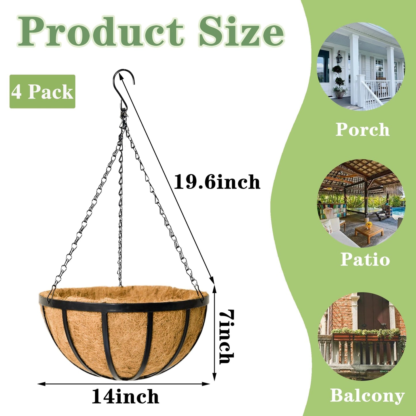 Black Flat Iron Metal Hanging Planter Basket with Coco Coir Liner(4 Pack, 14 Inch) Hanging Planters for Outdoor Plants Round Plant Flower Pots Hanging Flower Basket for Outdoor Patio Garden Decoration