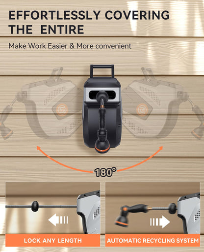 SUNPOW Retractable Garden Hose Reel - 1/2 inch x 50ft Wall Mounted Hose Reel with 3/4 inch Brass Fitting & 10 Function Sprayer Nozzle - Any Length Lock, Auto Rewind System, 180°Swivel Bracket - Grey