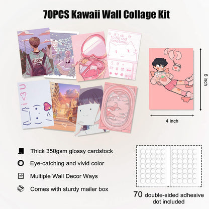KBKBART Anime Aesthetic Wall Collage Kit, 70pcs Kawaii Room Decor, Pink Cartoon Assembled Print Card Set, Anime Photo Wall Collage Posters for Room Aesthetic, Cute Danish Pastel Wall Art 4x6 for