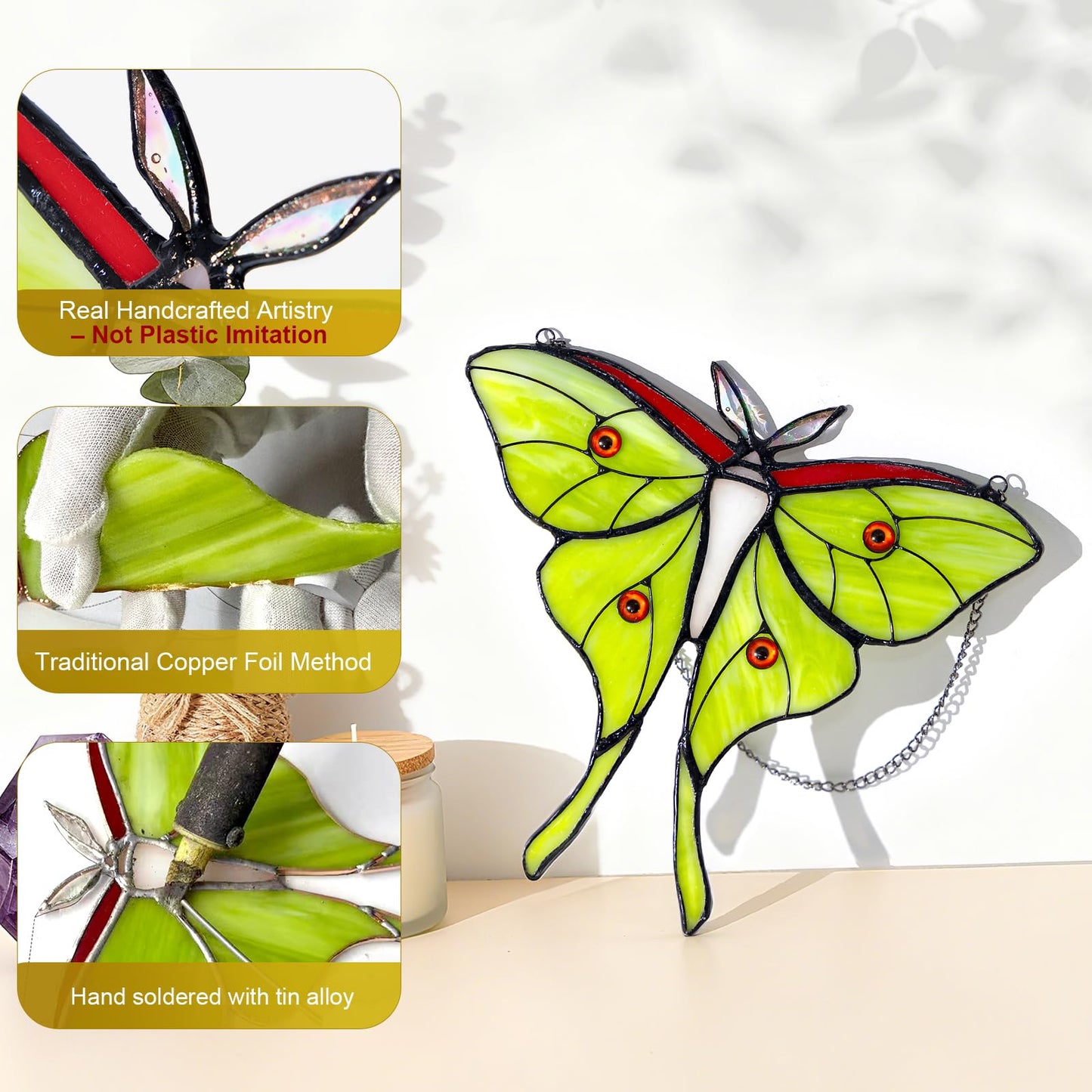 Luna Moth Stained Glass Window Hanging - Handmade Real Glass Suncatcher for Meditation Room, Spiritual Decor, Sun Catcher for Windows, Vibrant Gift for Women & Mom, 7.3 Inch Green Glass Art