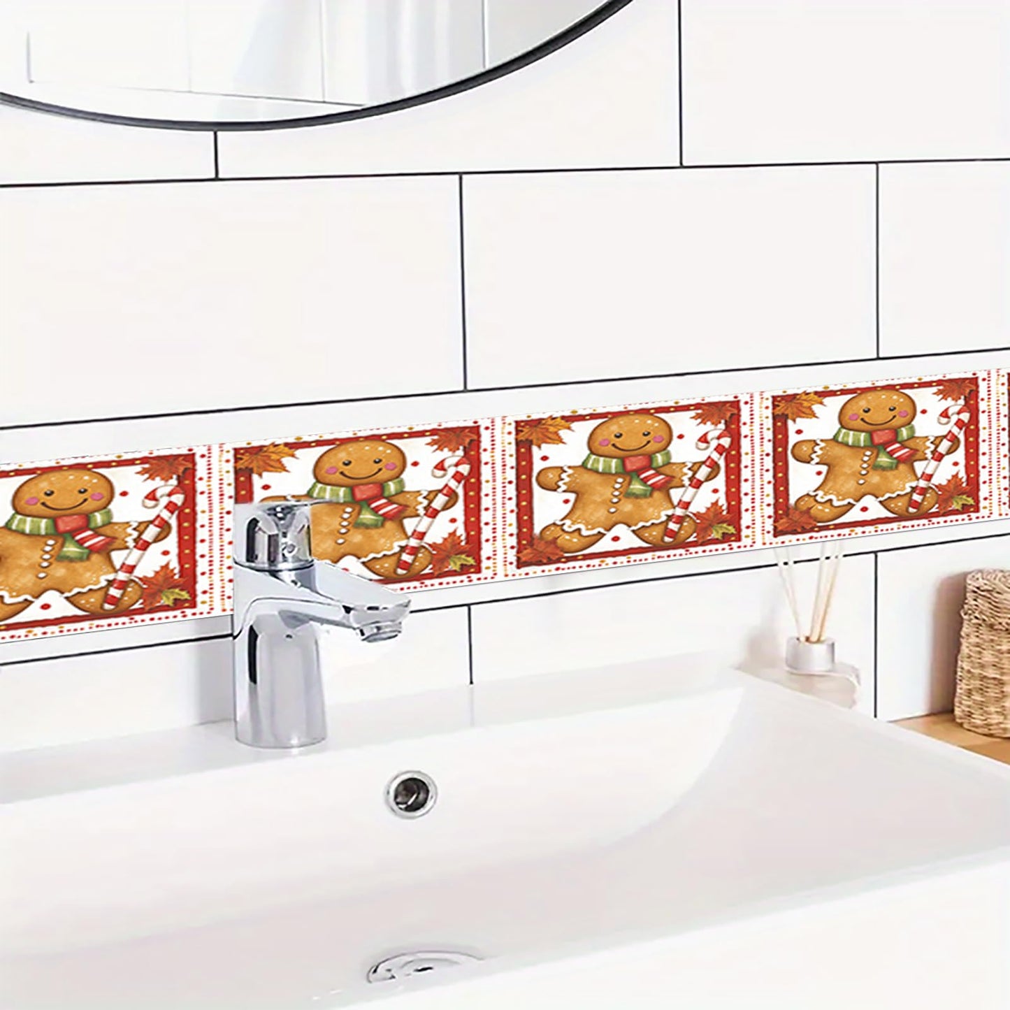HOMETITUTE Wallpaper Border Peel and Stick Christmas Gingerbread Candy Cane Fall Wreath Wall Decoration Self-Adhesive Border for Bathroom Kitchen Living Room Winter Holiday Decor 4x196 Inch