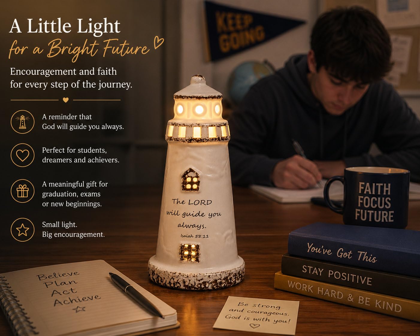 DAILYBREAD Christian Lighthouse Lamp – Small Ceramic Night Light with Bible Verse, Inspirational Faith Gift for Kids, Students,Baptism,Birthday,Journey,Warm Light Up Decor for Bed Room or Desk 5" H