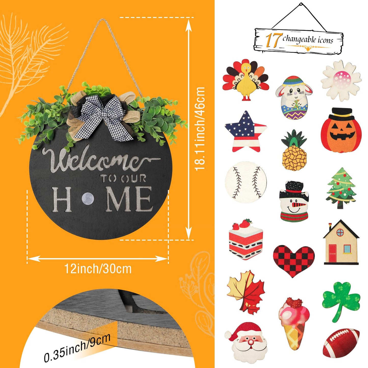 MIPON Interchangeable Welcome Sign for Front Door with LED Light, 17 Changeable Icons 3D Letters, Farmhouse Seasonal Porch Decor Hanging Sign for All Seasons Holiday Decor(Black)