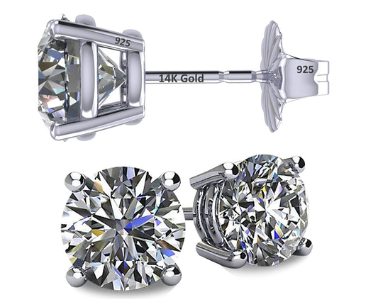 Central Diamond Center 14K Solid Gold Post & Sterling Silver 4 Prong CZ Stud Earrings - Platinum Plated - 9.00mm - 6.00cttw