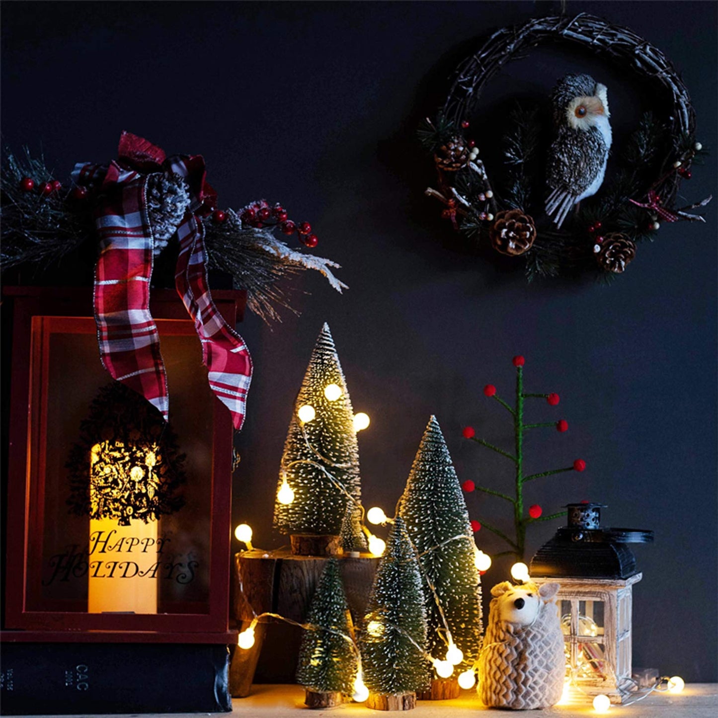 Desktop Miniature Christmas Trees Mini Pine Tree 5pcs with Snow and Wood Base for Xmas Holiday Party Home Tabletop Decor