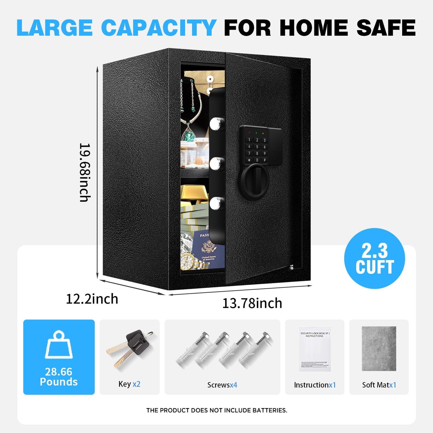 Fdsutvit 2.8 Cu Ft Safe Box For Home Documents -Steel Electronic Digital Safety Box for Office Money Jewelry Valuables, Personal Security Lock Box with Sensor Light, Removable Shelf, Mute Function