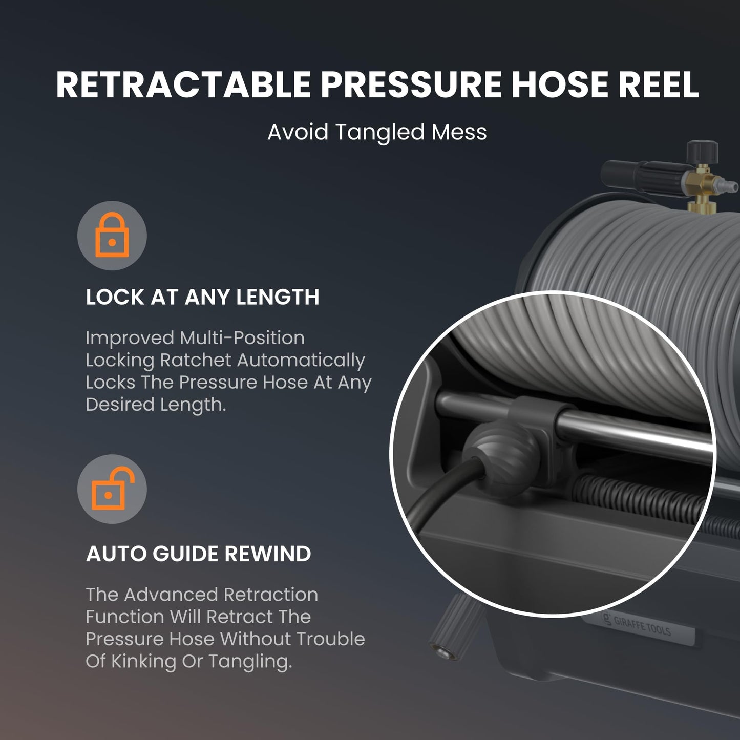 Giraffe Tools Grandfalls Pressure Washer Plus+, Electric Wall Mount Power Washer with 100FT Ultra-Soft Pressure Hoses, 2900PSI, 2.2GPM, 4 Nozzles, Foam Cannon for Cars/Patios, Dark Silver